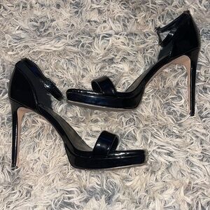 NINE WEST Zoom Stiletto Sandal Heels Black Strappy Size 7.5 Square Toe 4” Heel